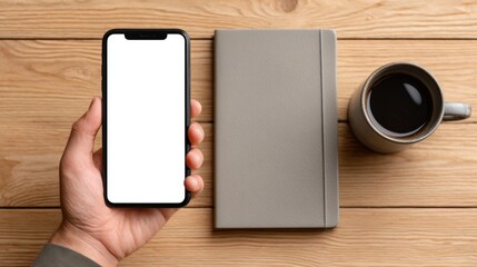 A hand holds a smartphone with a blank screen next to a notebook and a mug of black coffee on a wooden table. Perfect for productivity, workspace, or mobile app presentations.