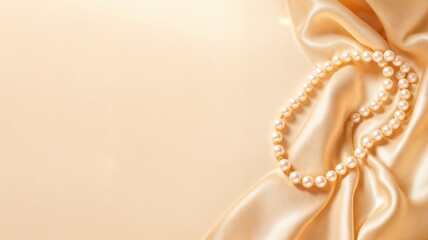 Elegant pearl necklace rests on smooth golden satin fabric with soft lighting and luxurious texture. Ideal for showcasing luxury jewelry, fashion accessories, or premium product design.