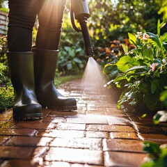 Person Washing Brick Path with Water Spray