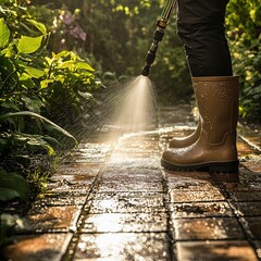 Washing Pavement with Water Spray