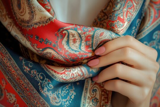 A hand gently holds a vibrant silk scarf with intricate paisley patterns in shades of red, blue, and beige. - Powered by Adobe