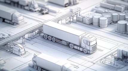 Detailed rendering of a transport hub showcasing a truck at a loading dock amidst surrounding warehouses