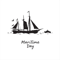 Vector style silhouette of World Maritime Day, a hand-drawn sketch in classic black and white.  Timeless and elegant aesthetic, rough lines and textured pencil strokes on a white background.