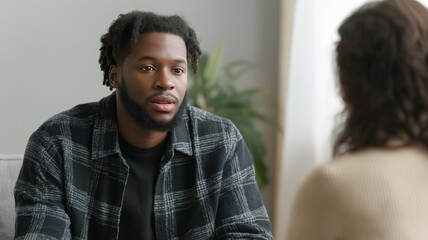 Obraz premium A young black man seeking professional assistance at a mental health center is upset while speaking with a psychologist.