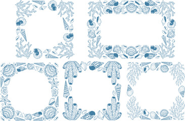 Collection of vector frame with sea shells isolated.