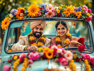 Indian bride and groom dressed in traditional attire sit in a floral-decorated car smiling joyfully. This vibrant image symbolizes wedding celebration, cultural tradition, and joyful beginnings.