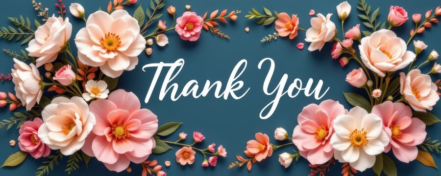 artistic floral thank you card arrangement with soft blooms, elegant script, and pastel accents, offering warm gratitude and charming beauty in a visually pleasing layout.