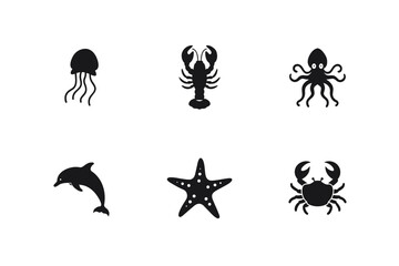 Sea Creatures Silhouette Icons Set