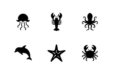 Sea Creatures Silhouette Icons Set