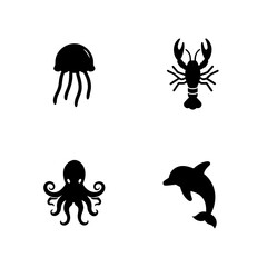 Sea Animals Silhouette Icons Set