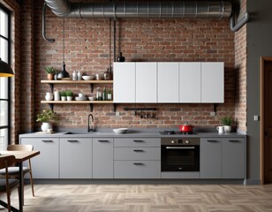 wall mock up in a loft kitchen with industrial style, 3d rendered featuring exposed brick, metal fixtures, and minimalist cabinetry, capturing urban modernity combined with raw