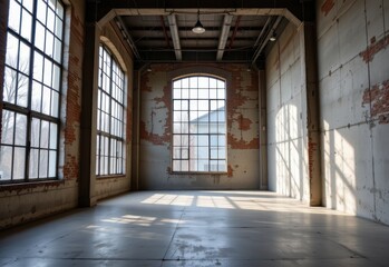 an empty loft with concrete floors and tall windows bathed in sunlight embodies tranquility, openness, and the serene potential of adaptable, modern interior spaces with industrial charm.