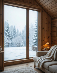  A warm living room with a window showcasing a serene snowy forest landscape.