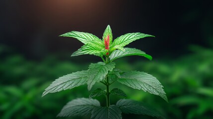 A Vibrant Green Plant with a Red Flower Blooming in Soft Natural Light