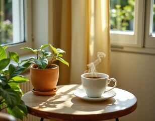a cup of coffee steams beside a potted plant on a round table in a sunlit room, evoking peaceful morning rituals, mindful living, and the small pleasures that brighten everyday home spaces.