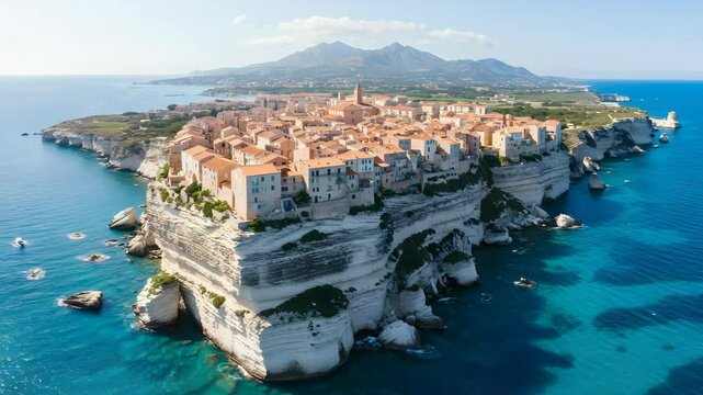 Aerial View Of Bonifacio Corsica on Limestone Cliffs with Turquoise Sea Water Under Clear Blue Sky In Summer