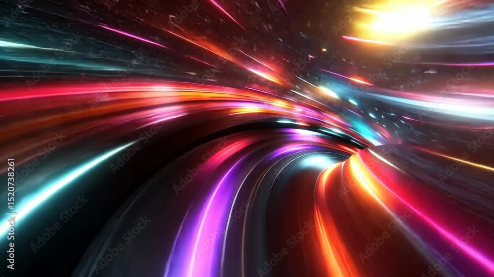 Poster vibrant abstract tunnel of light and color, creating a sense of motion and futuristic design.