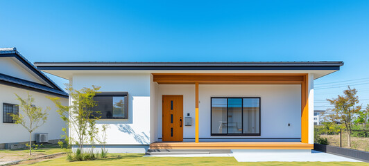 シンプルな日本の平屋住宅、戸建て住宅 黄色