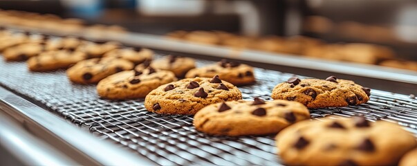 Chocolate Chip Cookies on a Conveyor Belt