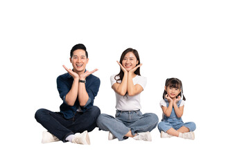 full body of a happy asian family posing on a png background	