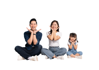 full body of a happy asian family posing on a png background	