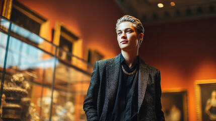 Modern Portrait of Sophisticated Young Man in Art Gallery with Neon Lights and Fashionable Elegance