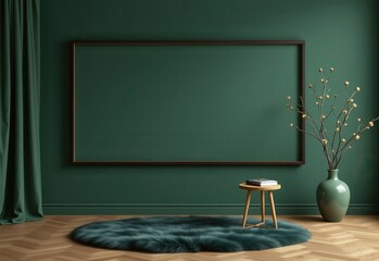 mock up frame in a dark green themed room with a fur rug, table, and minimalist branch in vase, 3d rendered for a bold visual setting combining depth, texture, and moody interior charm.