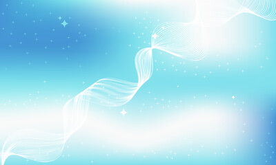 Sky blue abstract background with soft gradient, wavy white lines, sparkles and dreamy light effect, ideal for modern design, digital art, and elegant backgrounds.