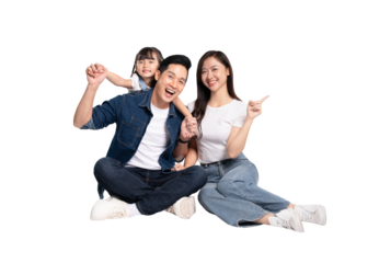 full body of a happy asian family posing on a png background	