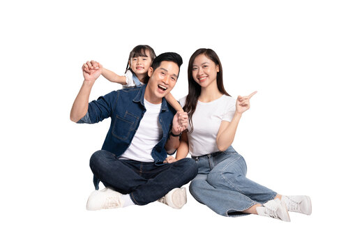 full body of a happy asian family posing on a png background	