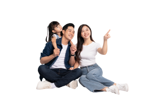 full body of a happy asian family posing on a png background	