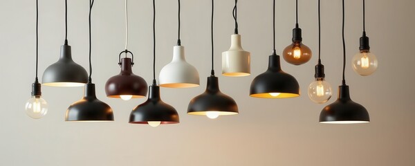 a collection of modern lamps with diverse shapes and finishes hangs suspended from the ceiling against a soft, neutral background, illuminating the space with stylish warmth and elegance.