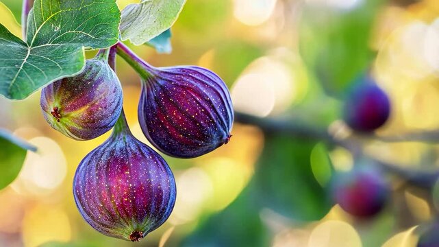 Closeup view of ripe figs on tree branch with blurred background of foliage during late summer, Closeup of ripe fig on tree with blurred background