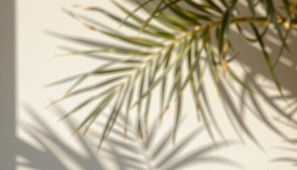 a close up shows the blurred shadow of palm tree leaves cast upon a light cream wall, creating a natural, soothing pattern and evoking a relaxed, tropical vibe in the space.