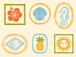 Tropical Vintage Icon Summer Stamp. Vacation Beach Hand drawn Fruit Print. Retro Beach Sea Ocean Sun Pineapple Hibiscus Flower Shell Seahorse Marine, Retro style tropical stamps Sunshine illustration © liza