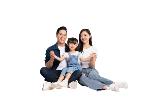full body of a happy asian family posing on a png background	