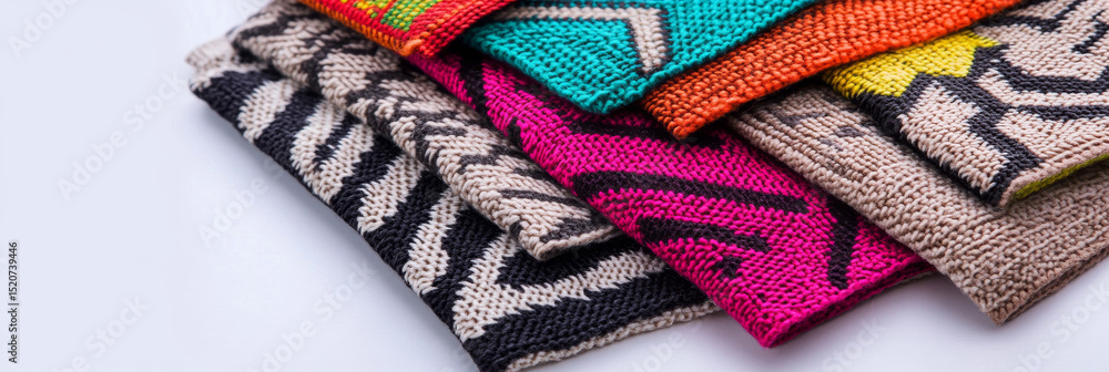 Poster A vibrant collection of colorful knitted fabrics with diverse patterns, showcasing intricate textures and a playful aesthetic. 