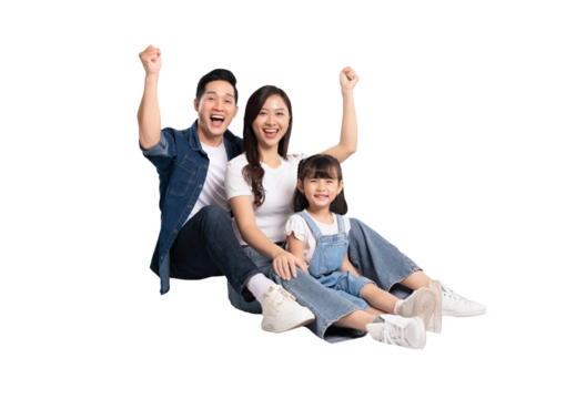 full body of a happy asian family posing on a png background	