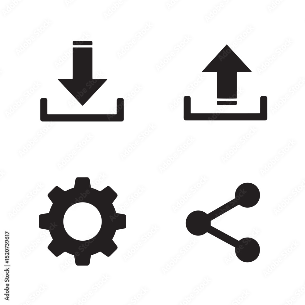 Aufkleber set of simple black icons representing upload download settings and sharing for digital design