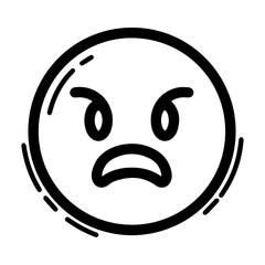 Outline style drawing of a circular emoji expressing anger or frustration, marked by tightly curled eyebrows and a downturned mouth. Can be used to convey fury, irritation, strong disapproval
