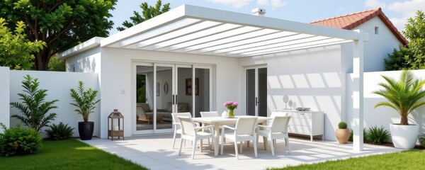a modern white backyard area features a table and chairs under a sleek aluminum pergola, providing shade and style for outdoor meals or relaxation in a minimalist and functional setting.