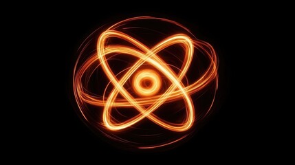 Abstract representation of an atomic structure in glowing orange lines.