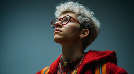 Stylish Young Adult with Curly Hair and Glasses in Colorful Sweater Showcasing Confidence and Youth Identity in Artistic Portrait Photography