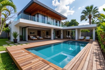Fototapeta premium a beautiful modern villa features a spacious wooden deck and a sleek swimming pool, blending luxury and relaxation in a private, stylish outdoor living environment surrounded by nature.