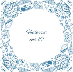 Border frame of cartoon sea shells isolated.