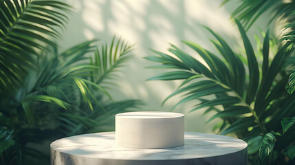 Obraz premium Empty white pedestal displayed amidst lush greenery.