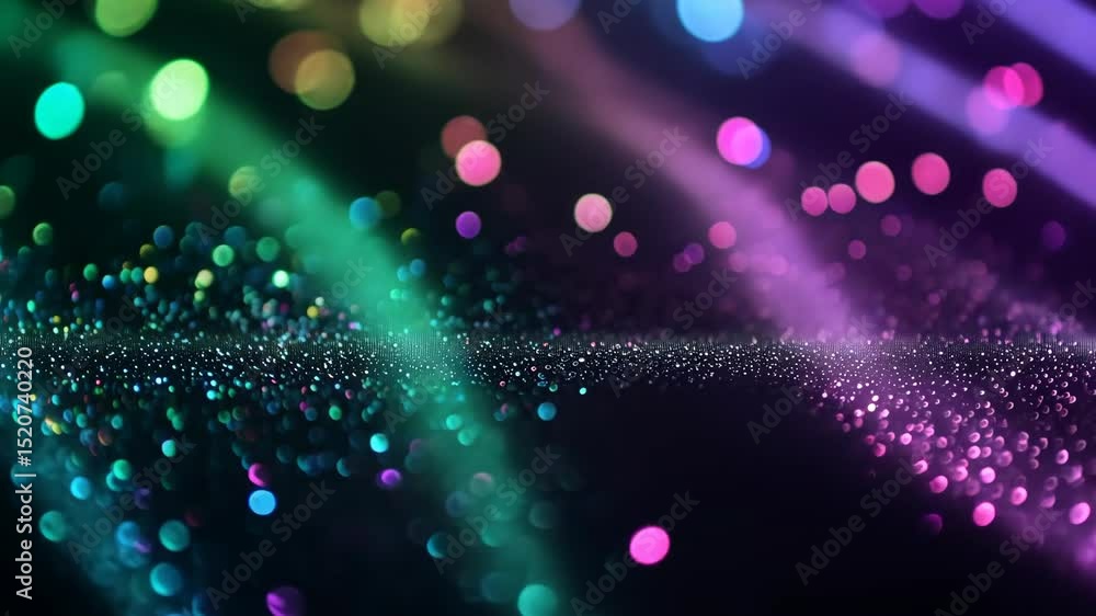 Poster a dazzling wave composed of glittering particles and bokeh lights against a dark backdrop.