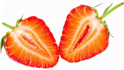Strawberries on Isolated White Background – Halved Berries with Seed Texture and Glossy Red Skin