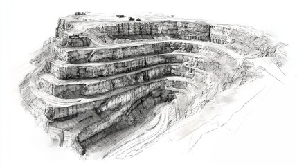 Detailed depiction of a large quarry showcasing layered rock formations and winding access roads in a mountainous region