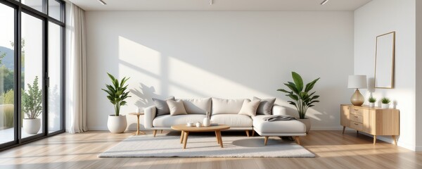 a contemporary 3d rendering of a living room with a sofa, arranged in a minimalist interior design with balanced lighting, clean furniture lines, and a peaceful, modern atmosphere.